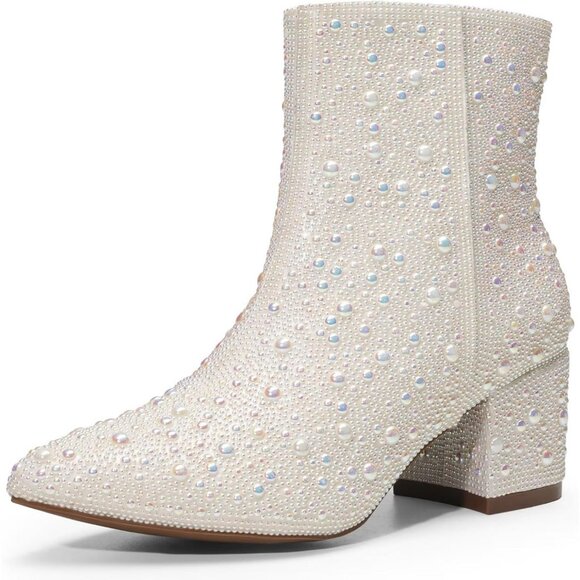 Yayone Zipper Sparkly Ankle Boots Women Size (6.5 X 10) White Fabric Rhinestone - Picture 1 of 7